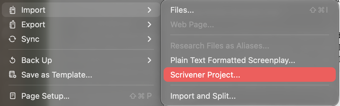 Scrivener’s File menu with the Import submenu open, showing Scrivener Project… selected