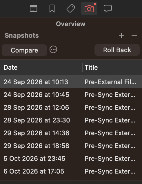 Scrivener’s Inspector open at the Snapshots tab, with Compare and Roll Back buttons above a list of dated snapshots. The first, from 24 September, is the Pre-External File snapshot from the collision test, and the rest are the snapshots Scrivener took before later syncs