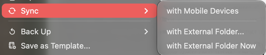 Scrivener’s File menu with the Sync submenu open, listing with Mobile Devices, with External Folder… and with External Folder Now